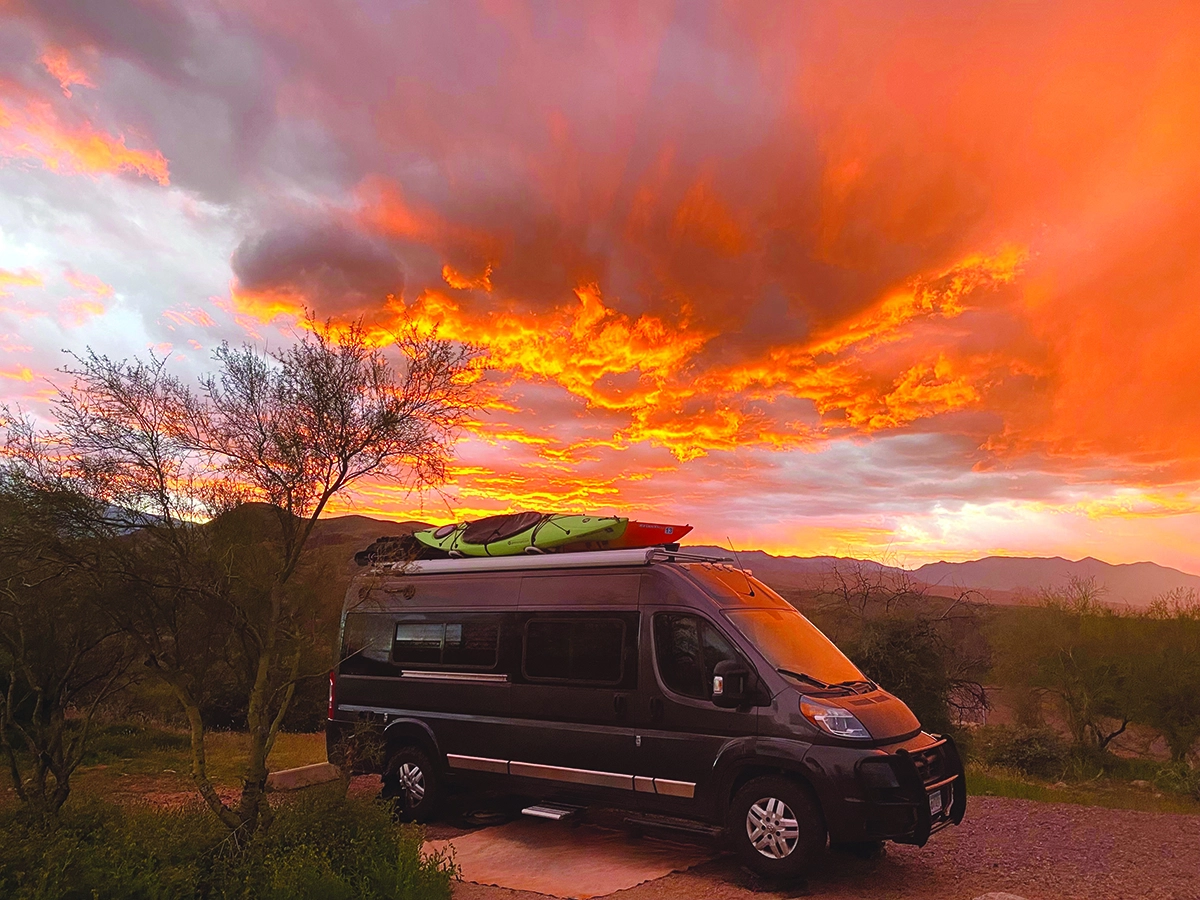 Class B motorhome at sunset